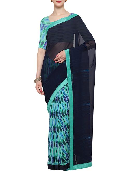 black printed half and half saree with blouse - 13729911 - Very Small Image - 1