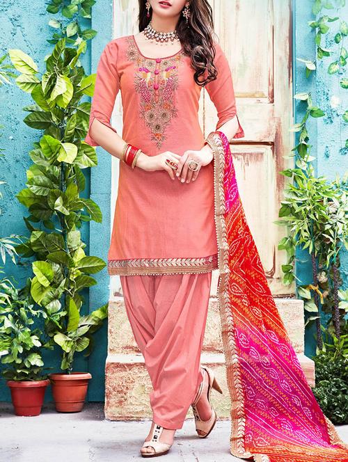 peach chanderi cotton patiyala suits dress material - 13731685 - Very Small Image - 1