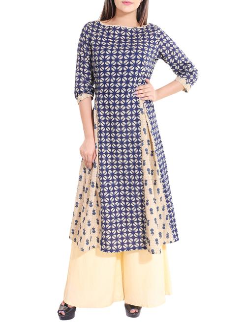 blue cotton a-line kurta - 13732450 - Very Small Image - 1