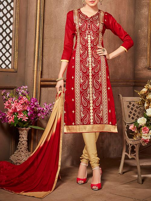 red cotton embroidered churidaar suit dress material - 13736390 - Very Small Image - 1
