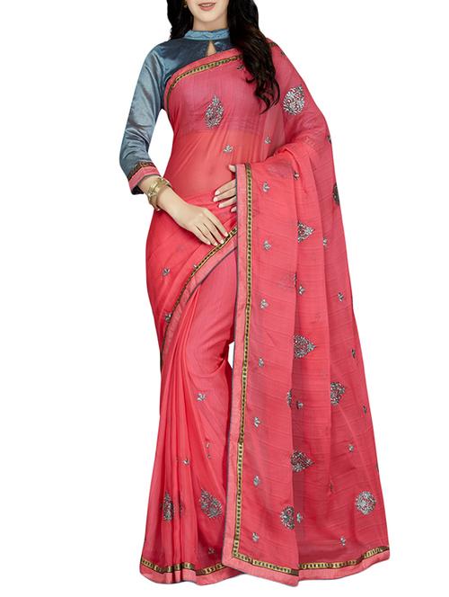 pink chiffon embroidered saree with blouse - 13736955 - Very Small Image - 1