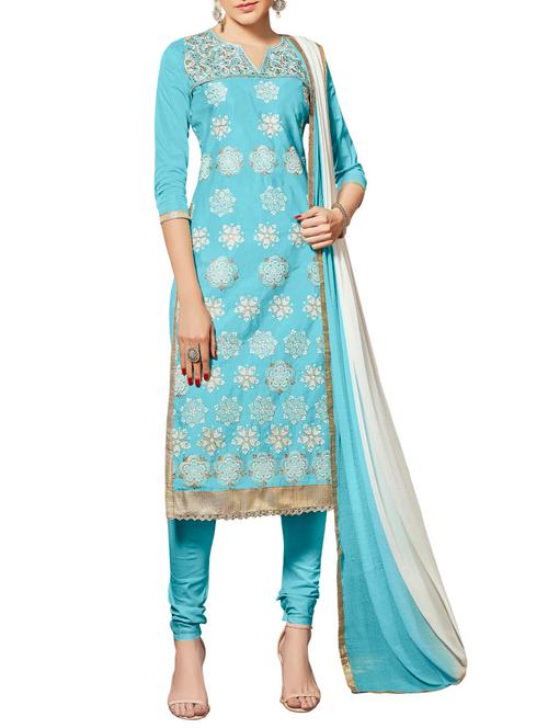 sky blue cotton blend embroidered churidaar suits semi-stitched suit - 13739814 - Very Small Image - 1