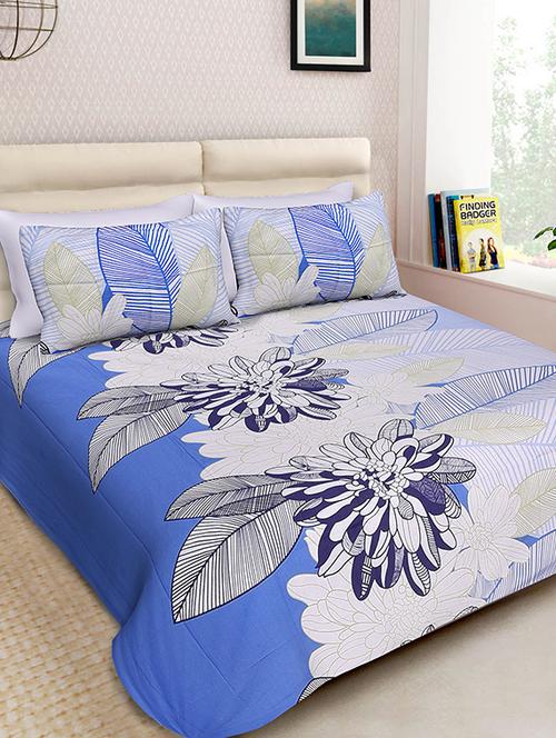 blue & white cotton printed double bedsheet with two pillow covers - 13739914 - Very Small Image - 1