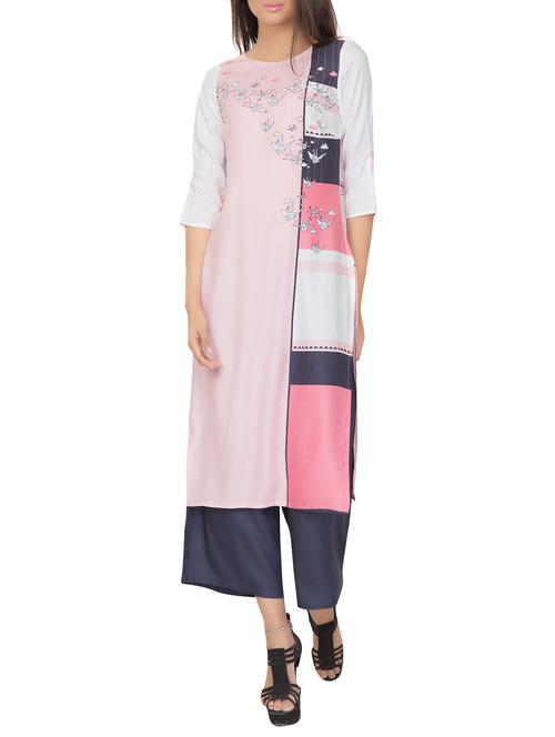 pink rayon printed long kurta - 13740077 - Very Small Image - 1