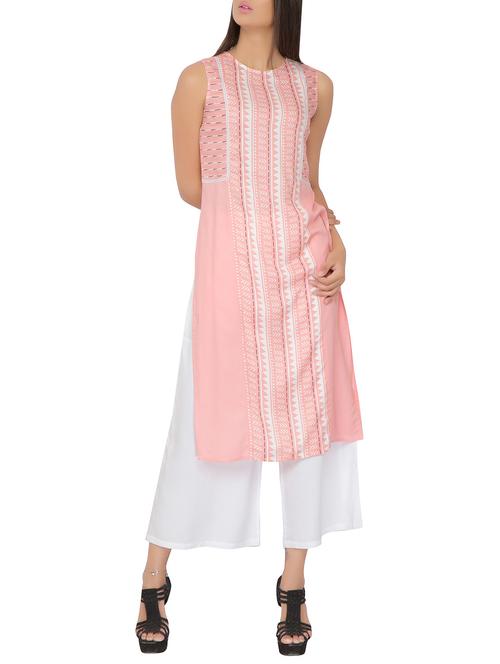 peach rayon printed straight kurta - 13740110 - Very Small Image - 1