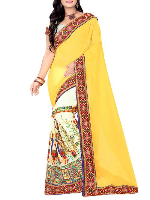 women's solid with work yellow colored saree with blouse - 13740736 - Very Small Image - 1