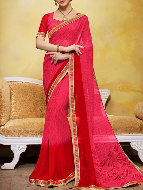 pink & red georgette printed saree with blouse - 13742421 - Very Small Image - 1