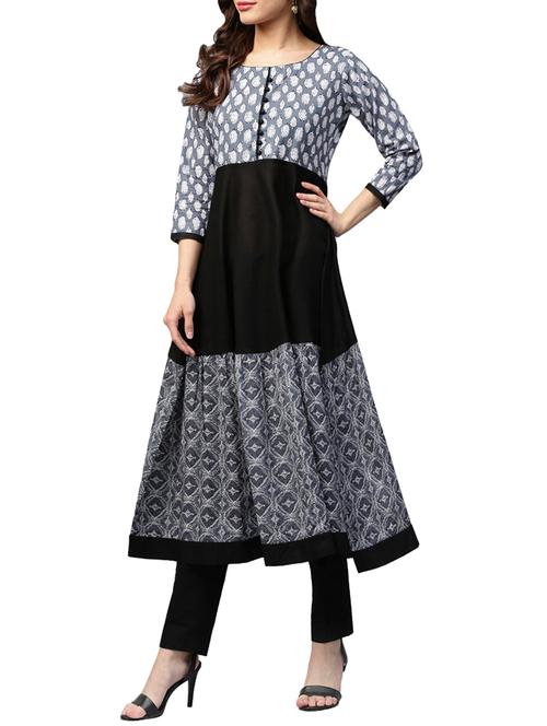 grey cotton printed A-line kurta - 13742532 - Very Small Image - 1