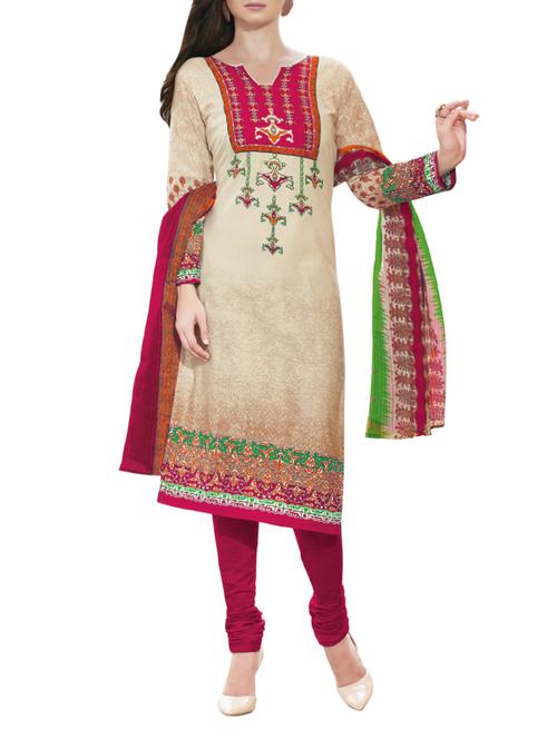 beige cotton printed churidaar suits dress material - 13743258 - Very Small Image - 1