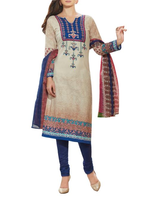 beige cotton printed churidaar suits dress material - 13743259 - Very Small Image - 1