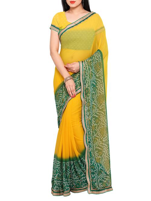 yellow georgette printed bandhani saree with blouse - 13744582 - Very Small Image - 1
