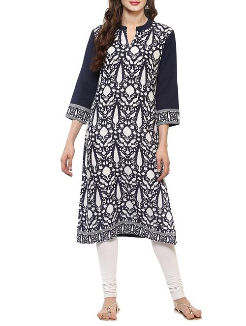 indigo rayon printed straight kurta - 13744953 - Very Small Image - 1