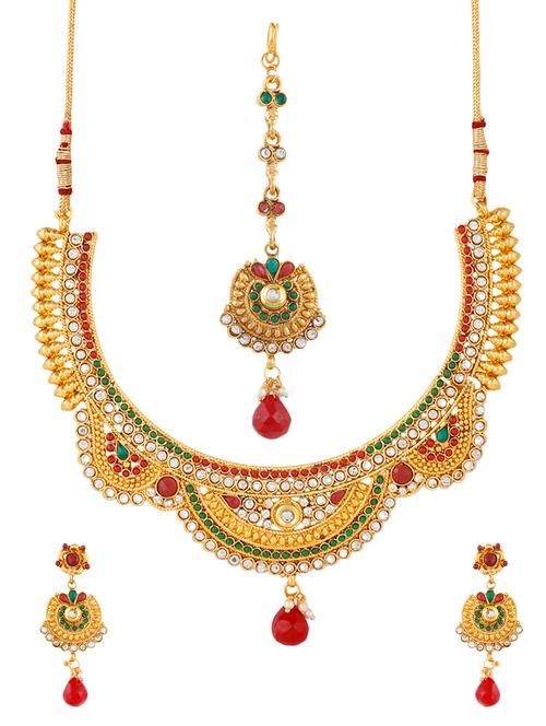 multi colored brass necklace, earrings & mangteeka set - 13745338 - Very Small Image - 1