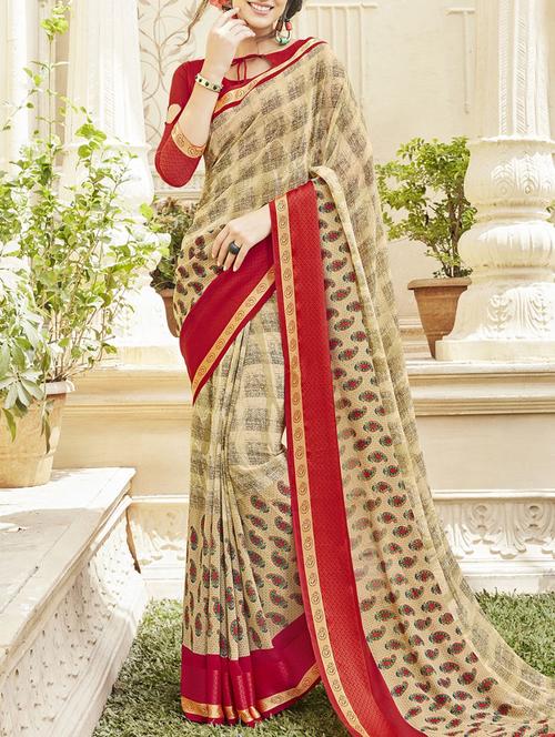 beige faux georgette printed saree with blouse - 13747325 - Very Small Image - 1