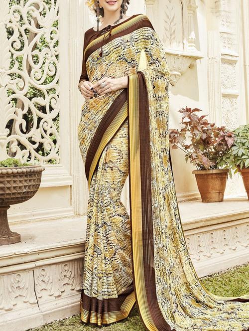 beige printed saree with blouse - 13747330 - Very Small Image - 1