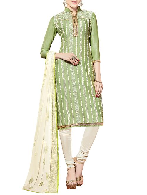 green cotton blend embroidered churidaar suits dress material - 13748051 - Very Small Image - 1