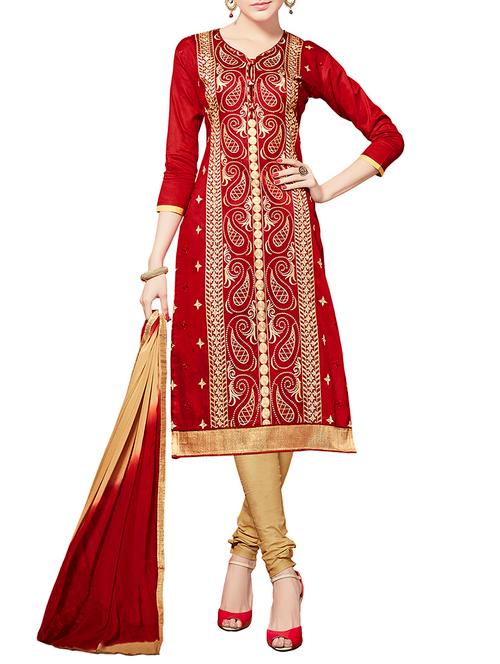red cotton blend embroidered churidaar suits dress material - 13748057 - Very Small Image - 1