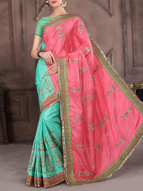 pink & green silk embroidered half & half saree with blouse - 13749677 - Very Small Image - 1