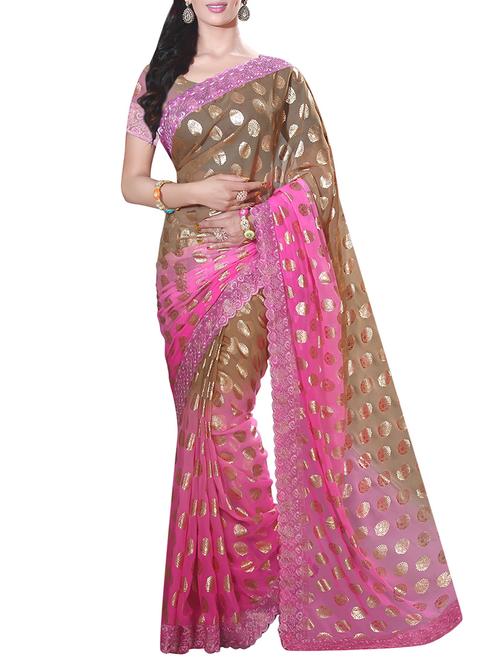 olive green & pink foil printed saree with blouse - 13749942 - Very Small Image - 1