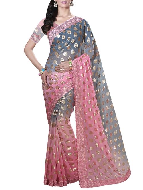 grey & pink chiffon foil printed saree with blouse - 13749951 - Very Small Image - 1