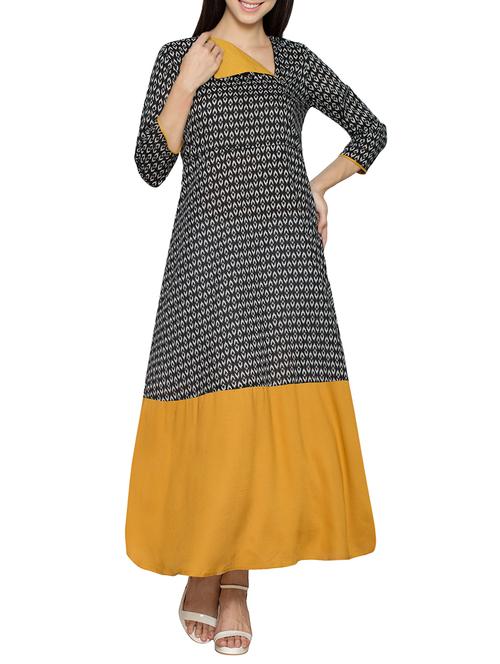 black cotton printed a-line kurta - 13750863 - Very Small Image - 1