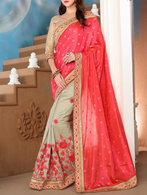 red & beige silk embroidered half & half saree with blouse - 13751737 - Very Small Image - 1
