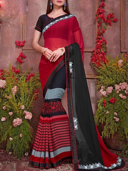 red and black printed  saree with blouse - 13751995 - Very Small Image - 1