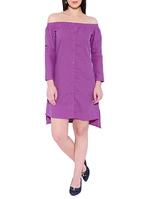 purple checkered cotton off shoulder dress - 13752882 - Very Small Image - 1