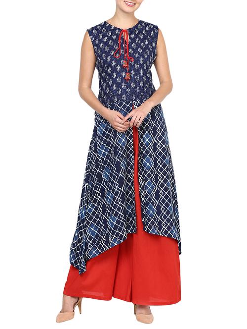 blue rayon printed high slit kurta - 13753772 - Very Small Image - 1