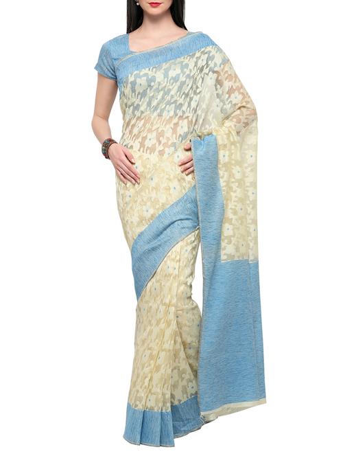 beige & blue net woven saree with blouse - 13754104 - Very Small Image - 1