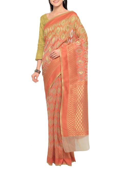 peach organza woven saree with blouse - 13754125 - Very Small Image - 1