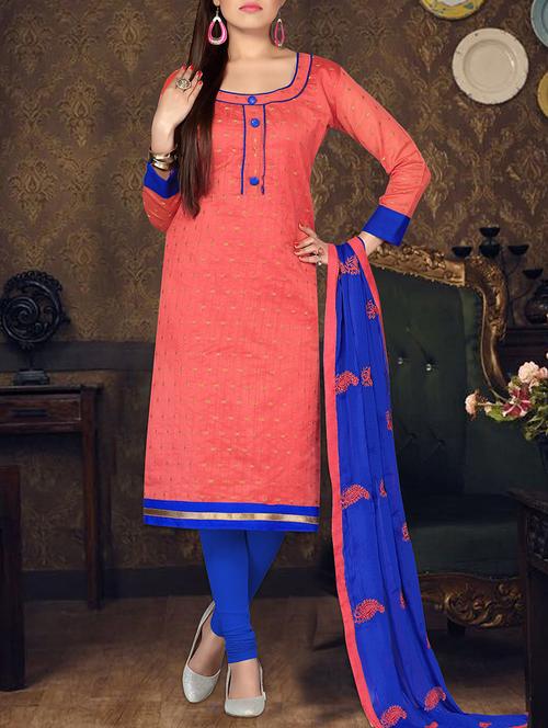 peach cotton zari work churidaar suit dress material - 13754451 - Very Small Image - 1