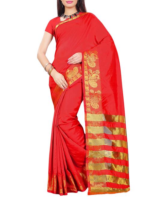 red cotton silk woven saree with blouse - 13756251 - Very Small Image - 1