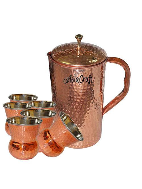 asiacraft pure copper hammered jug & 6 mughlai glass set - 13757344 - Very Small Image - 1