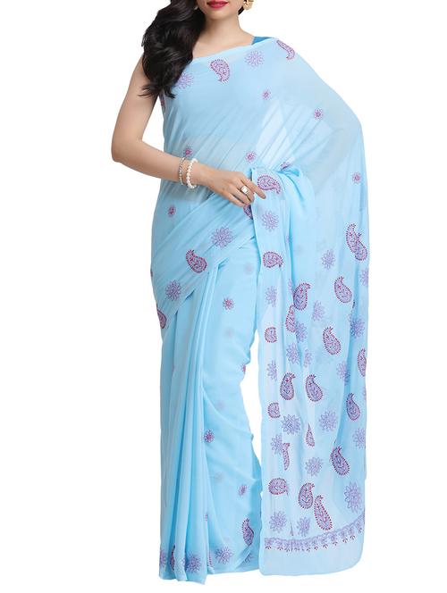 Ada blue chikankari saree with blouse - 13757386 - Very Small Image - 1