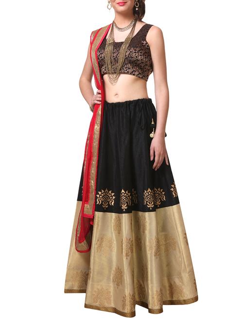 black silk block printed flared lehenga - 13757488 - Very Small Image - 1