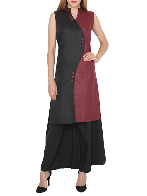 black & maroon poly cotton solid straight kurta - 13757589 - Very Small Image - 1