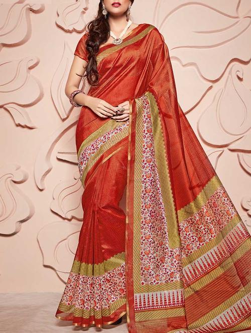 brick red printed cotton silk saree with blouse - 13758579 - Very Small Image - 1