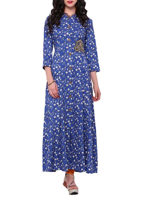 blue rayon printed long kurta - 13758681 - Very Small Image - 1