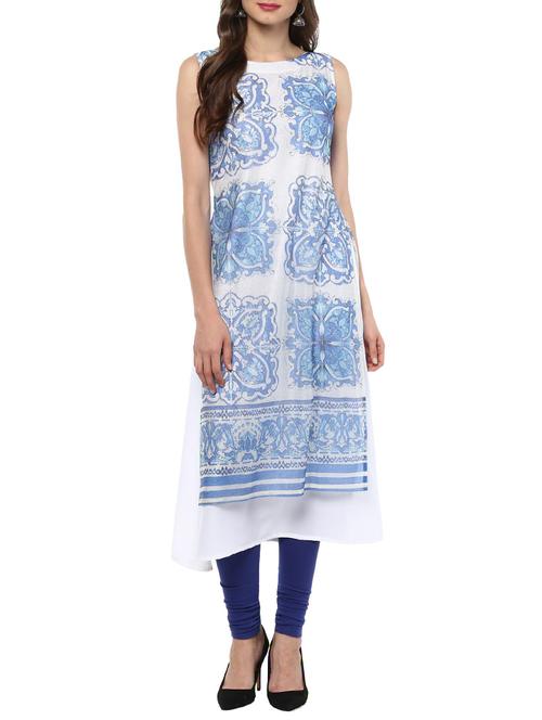 blue & white crepe printed a-line kurta - 13761483 - Very Small Image - 1