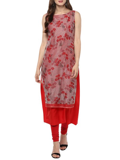 red crepe printed a-line kurta - 13761484 - Very Small Image - 1