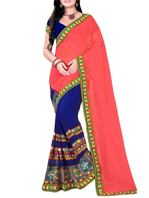 women's color block pink colored saree with blouse - 13762458 - Very Small Image - 1