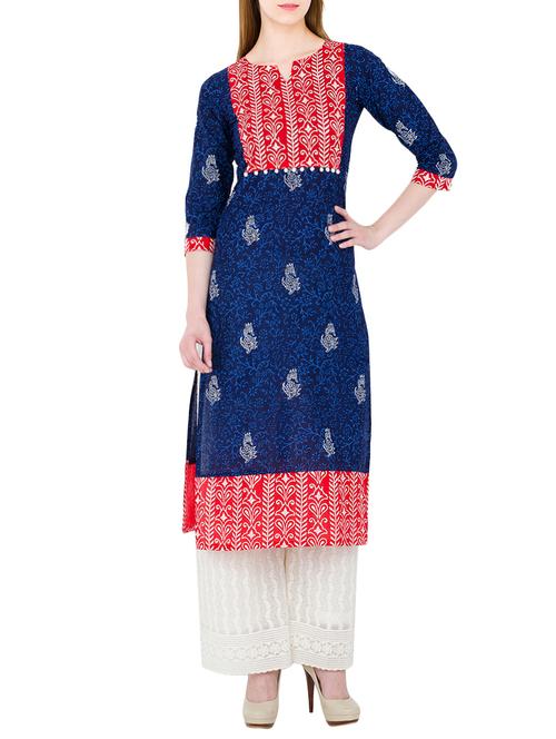 blue cotton printed straight indigo kurta - 13765342 - Very Small Image - 1