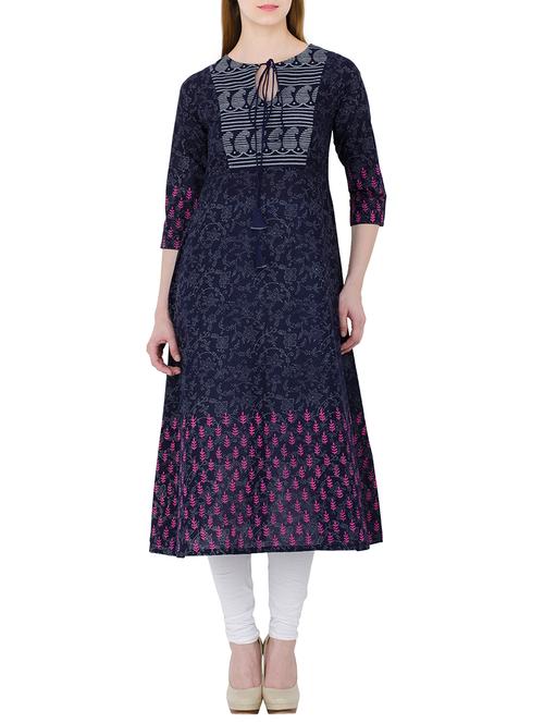 blue cotton printed a-line kurta - 13765349 - Very Small Image - 1