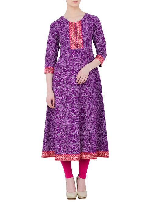Purple cotton block printed a-line kurta - 13765356 - Very Small Image - 1