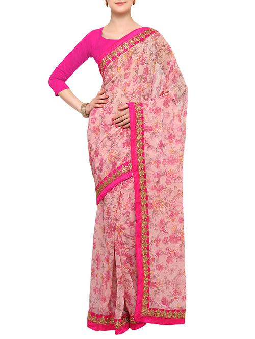 pink printed saree with blouse - 13766545 - Very Small Image - 1