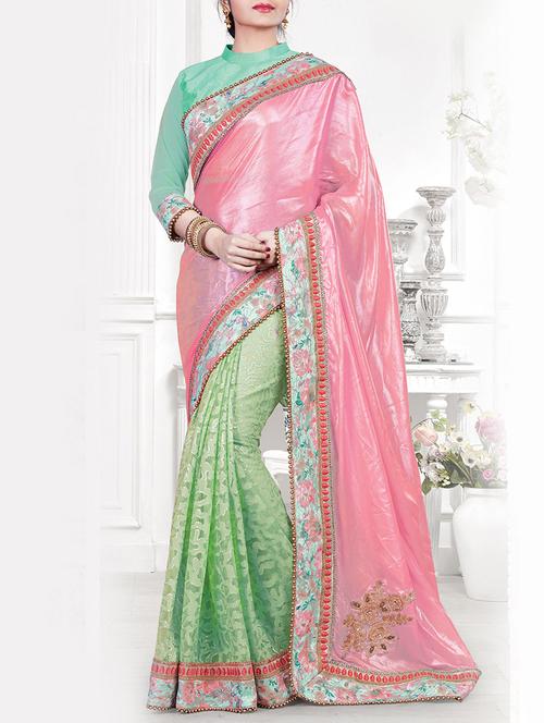pink & green net embroidered half and half saree with blouse - 13768516 - Very Small Image - 1