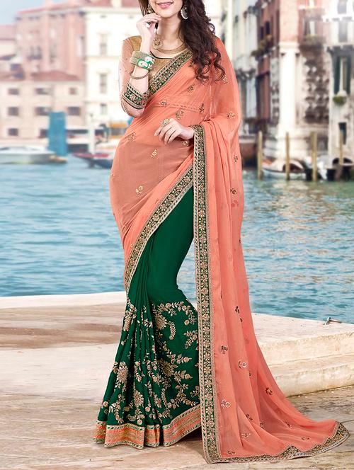 orange & green chiffon half and half saree with blouse - 13768543 - Very Small Image - 1