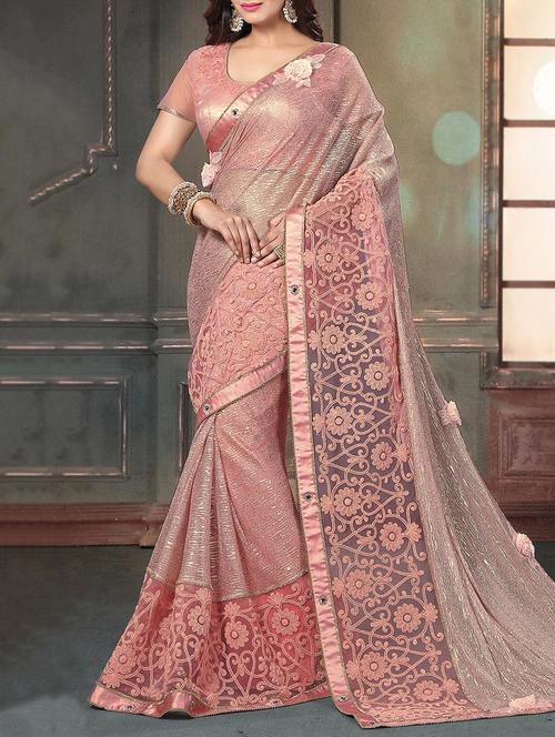 pink net embroidered saree with blouse - 13768607 - Very Small Image - 1