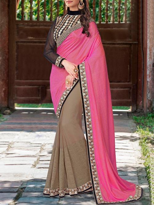 pink & brown half and half saree with blouse - 13768647 - Very Small Image - 1